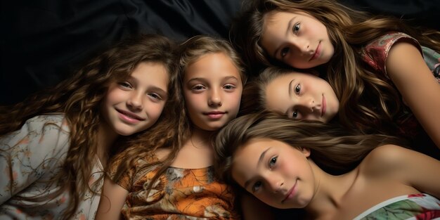 Foto alcune adorabili femmine adolescenti rannicchiate nel letto generative ai