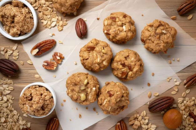 A few oatmeal cookies on a table with other cookies on it