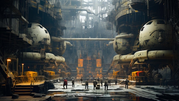 Few people working inside the industrial plant Dull engineering interior Postapocalyptic backdrop Generative AI