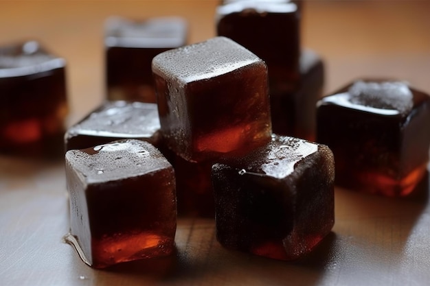 A few pieces of fruit jelly sit on a table.