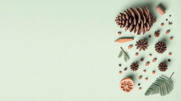 A few pine cones and pine cones are on a green background.