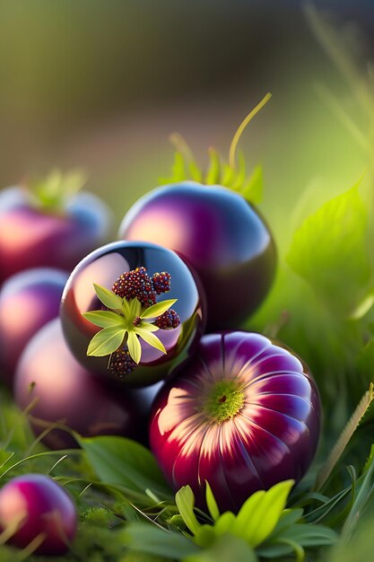 A few purple berries of gooseberries lying on green grass closeup