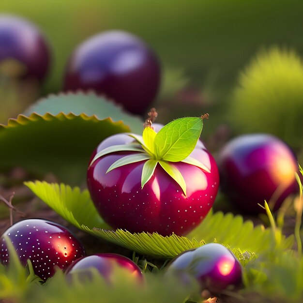 A few purple berries of gooseberries lying on green grass closeup