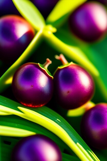 A few purple berries of gooseberries lying on green grass closeup