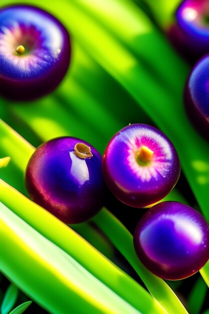 A few purple berries of gooseberries lying on green grass closeup