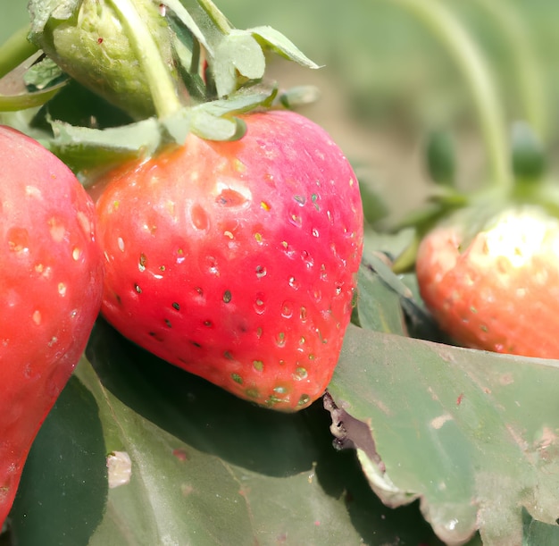 A few red strawberries are on a branch with leaves.