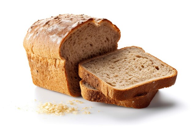 A few slices of cut bread in front of a white background