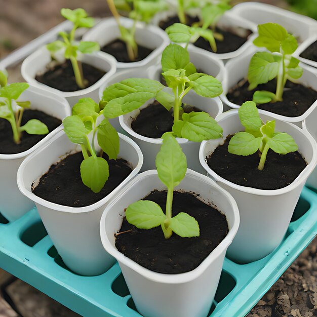 数個の小さな植物が入っている小さな白いカップ