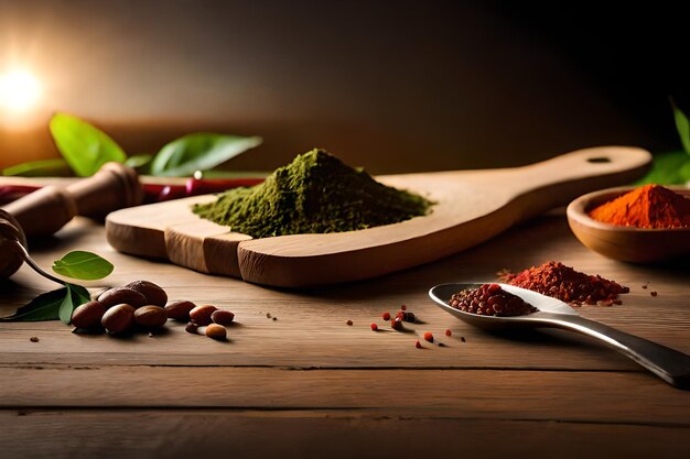 A few spices on a wooden table