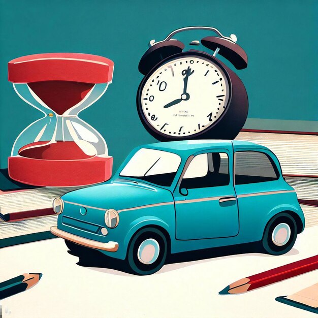 Photo fiat illustration on a table a man has some books pens notebooks alarm clocks