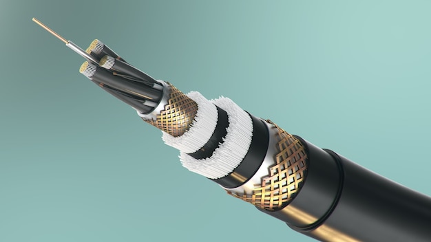 Fiber optic cable on a colored background. Future cable technology. Detailed cable cross section