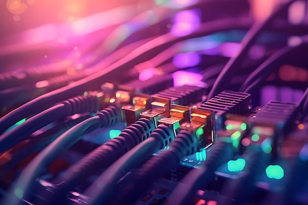 Fiber Optic cables connected to an optic ports in data center