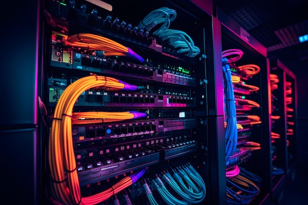 Fiber Optic cables connected to an optic ports in data center