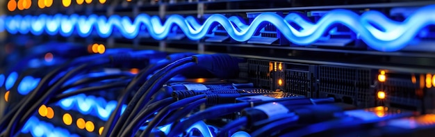 Fiber Optic cables connected to an optic ports in data center