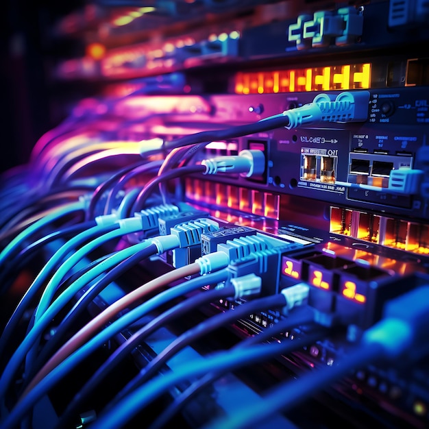 Fiber optic cables connected to servers in a data center