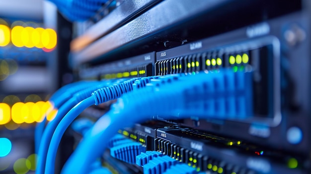 Photo fiber optic cables in a server room for data center