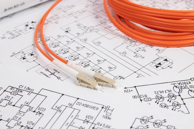 Photo fiber optic patch cord cable on electrical engineering drawings