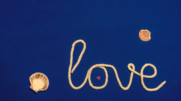 사진 파란색 배경에 불가사리와 조개껍질로 사랑이라는 단어가 만들어지는 섬유 로프