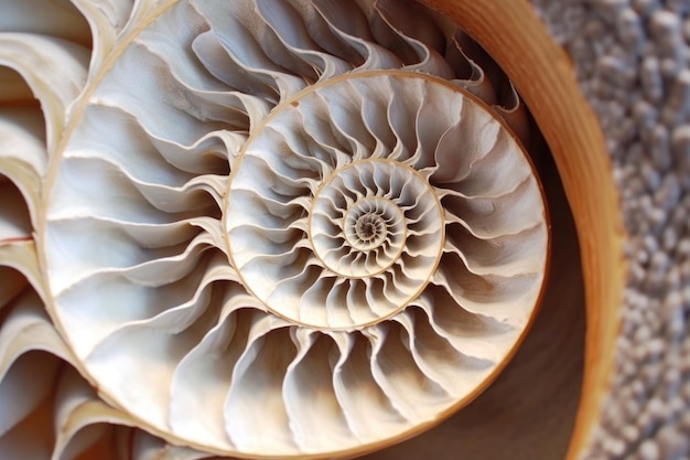 Fibonacci spiral in a nautilus shell closeup created with generative ai