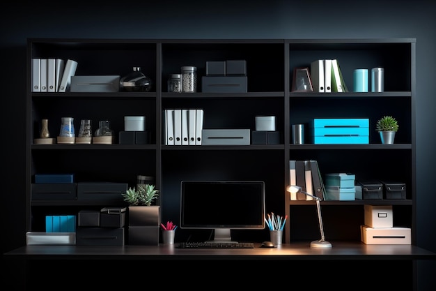 Fice black workspace with office supplies and copy space on black background ar c