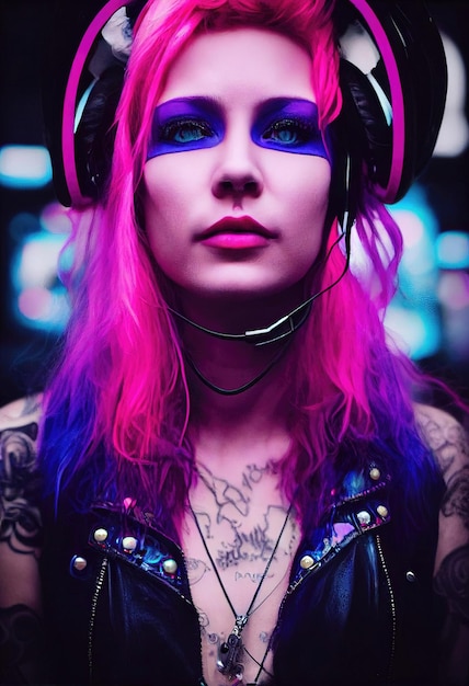 Fictief portret van een fictief punk mooi meisje met koptelefoon en blauwroze haar