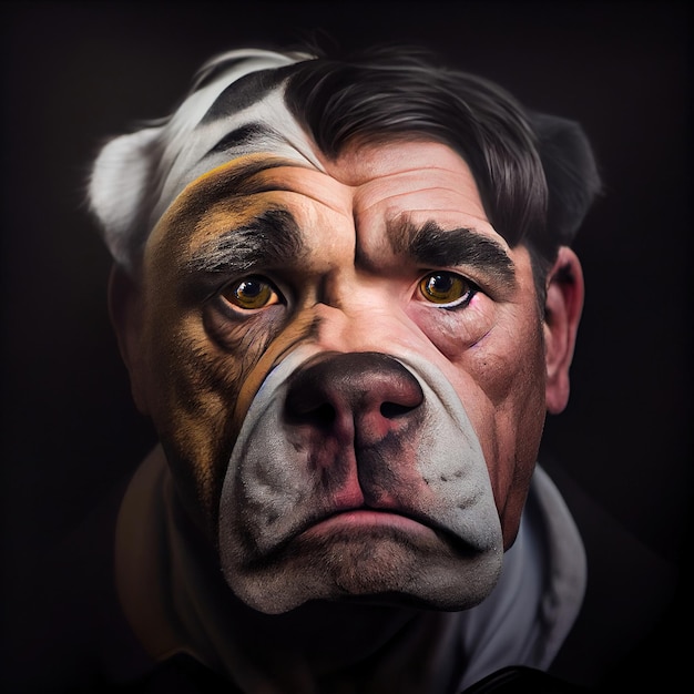 Fictief portret van een man met de kop van een Engelse bulldog gemaakt met Generative AI