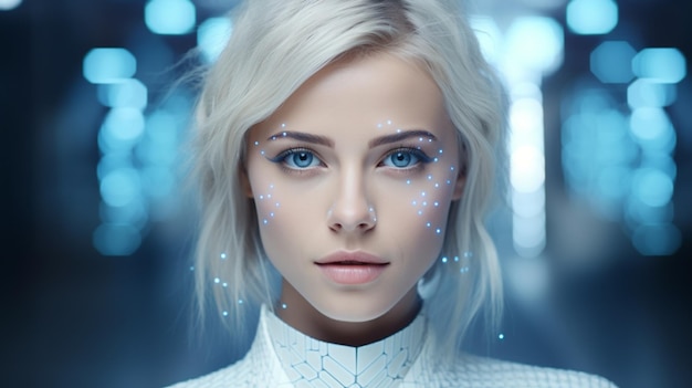 Fictief portret van een scifi cyberpunk meisje Hightech futuristische vrouw uit de toekomst Het concept van virtual reality en cyberpunk 3D render 3D Illustratie Hoge kwaliteit foto