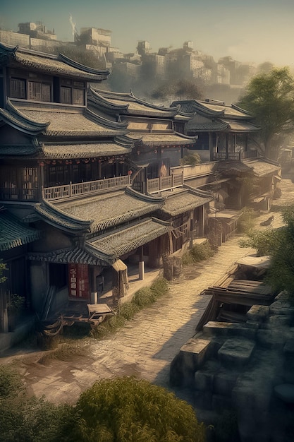 Сгенерирован вымышленный 3D исторический городской пейзаж Китая Ай