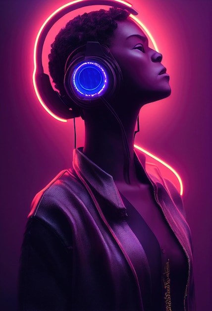 A fictional portrait of a ebony girl wearing a cyberpunk headset and cyberpunk gear Hightech man