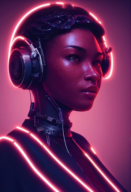 Un ritratto immaginario di una ragazza ebano che indossa un auricolare cyberpunk e un equipaggiamento cyberpunk uomo high-tech