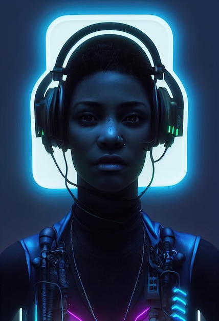 A fictional portrait of a ebony girl wearing a cyberpunk headset and cyberpunk gear