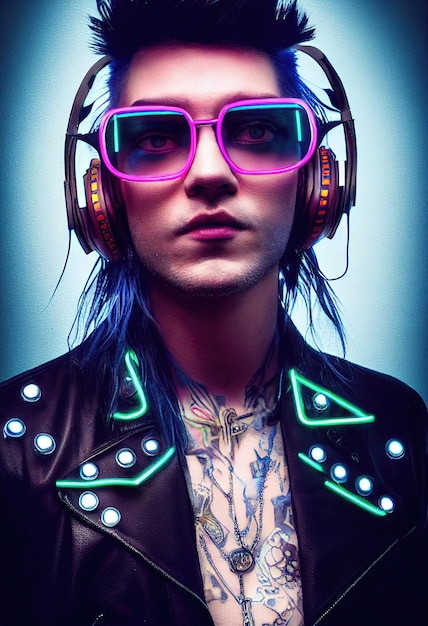 Fictional portrait of a fictional punk man with headphones and bluepink hair Hipster girl