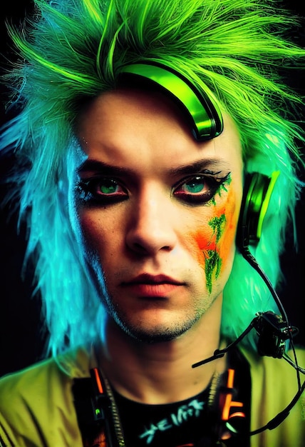 ヘッドフォンと緑の髪を持つ架空のパンク男の架空の肖像画 パンクの髪を持つ流行に敏感な男