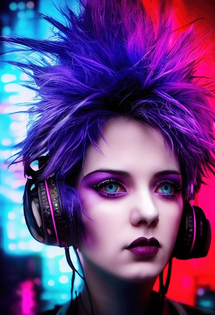 Fictional portrait of a fictional punk pretty girl with headphones and bluepink hair Hipster girl