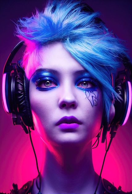 Fictional portrait of a fictional punk pretty girl with headphones and bluepink hair hipster girl