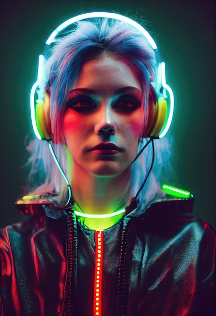 Fictional portrait of a fictional punk pretty girl with headphones and bluepink hair Hipster girl