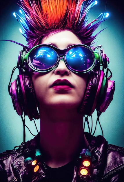 Fictional portrait of a fictional punk pretty girl with headphones and colored hair hipster girl