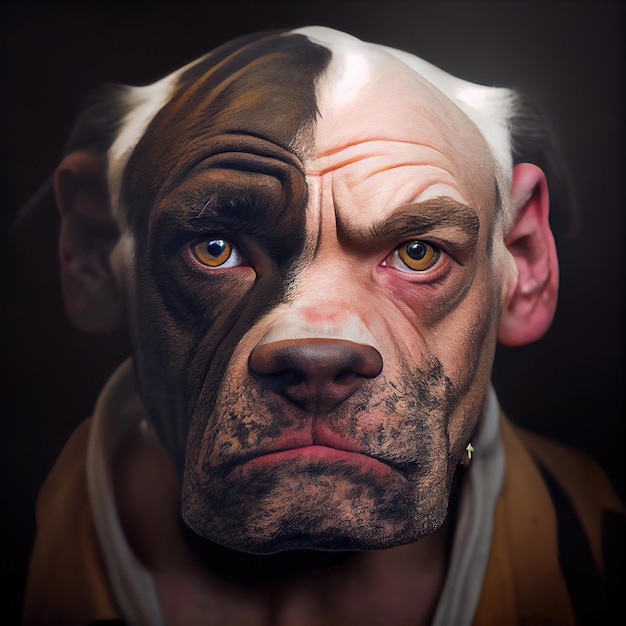 Fictional portrait of a man with the head of an English bulldog made with Generative AI