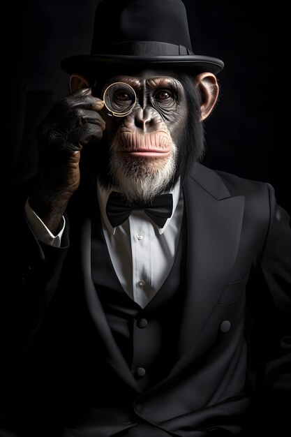 A fictional portrait of a monocle chimpanzee created by generative AI software