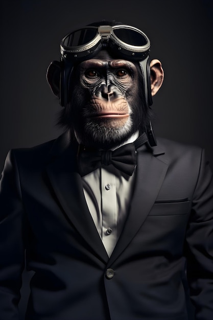 A fictional portrait of a pilot chimpanzee created by generative AI software