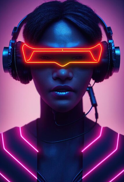 A fictional portrait of a scifi cyberpunk girl against a backdrop of neon lights Hightech woman