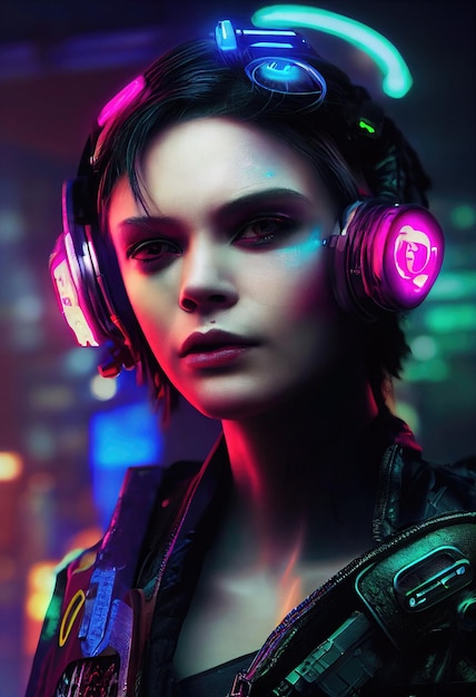 Un ritratto immaginario di una ragazza cyberpunk fantascientifica su uno sfondo di luci al neon donna high-tech