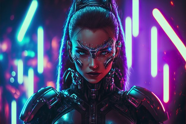 A fictional portrait of a scifi cyberpunk girl against a backdrop of neon lights