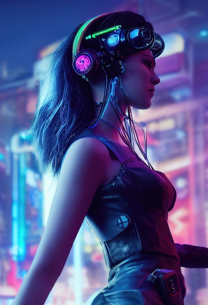 A cyberpunk styled portrait of a young woman wearing neon clothing. a  futuristic high tech dude. the ideas of cyberpunk and virtual reality.  Perfect for posters or phone wallpaper. Generative AI Stock