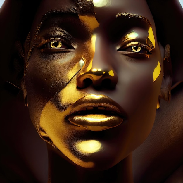 Premium AI Image  Golden Makeup and Artistic Body Paint Fashionable Woman  with Metallic Body Art black skin Glimmering Golden Skin Fashion art  digital ai