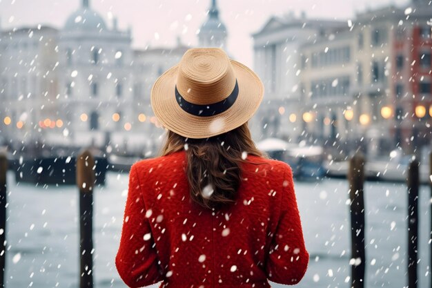 ヴェネツィアの架空の雪 赤い帽子をかぶった女の子が クリスマスの ⁇ 囲気の背景に立っています