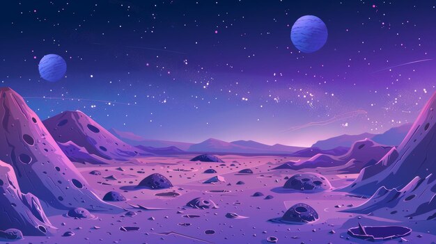 A fictional universe object scenery for exploration concept depicts an alien planet surface with craters against a deep cosmos sky with space bodies Cartoon modern illustration Fantasy universe