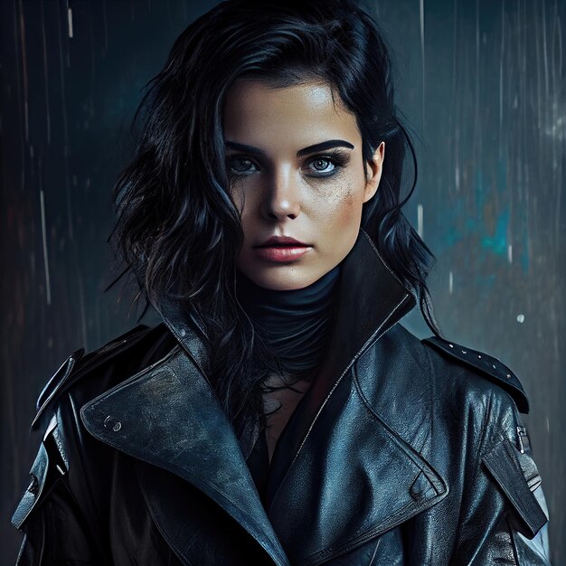 스튜디오 촬영에서 어두운 배경에 가죽 재킷 극적인 초상화에 허구의 젊은 여자