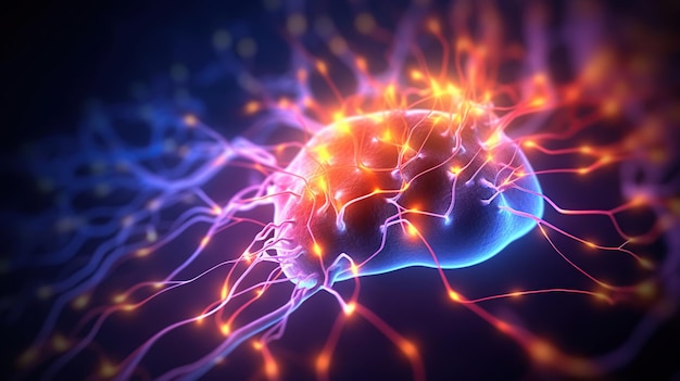 ニューラル リンク ネットワークを備えた架空の輝く脳の背景人工知能のニューロン活動を表す生成 AI