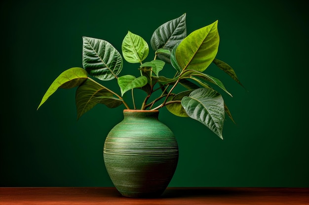 Ficus in a vase on a wooden table against a green background